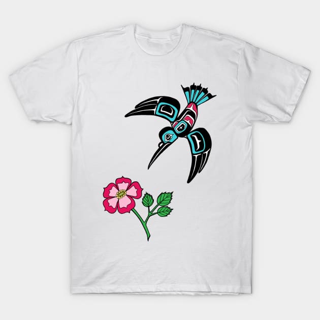 Hummingbird and Sitka Rose T-Shirt by Featherlady Studio